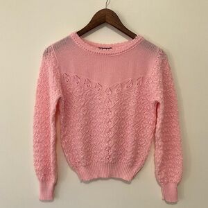VTG Women’s Pastel Pink Sz. S Lace Knit Sweater Sheer Neck Cottagecore Ballet